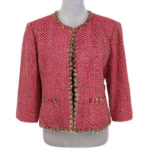 Talbots Jacket Petites 14P Silk Blend Pink Tweed Fringe Hook Eye Blazer Preppy